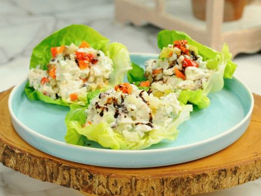 Salade de poulet avec des canneberges et des noix sur des feuilles de laitue
