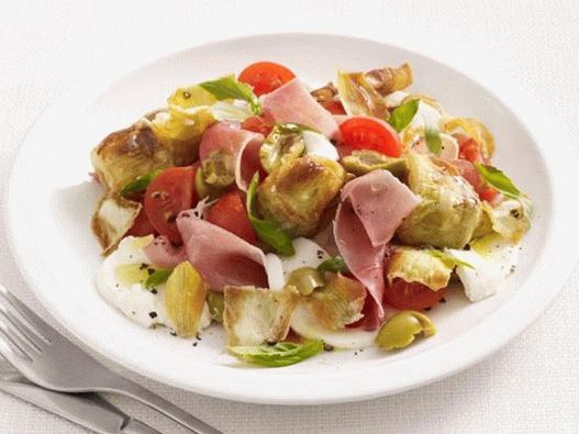 Photo du plat - Salade Caprese avec jambon prosciutto et artichauts frits