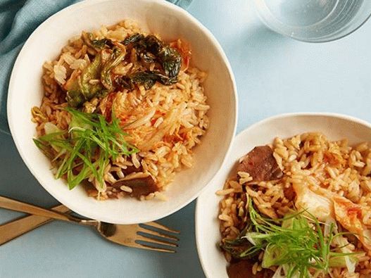 Riz brun aux champignons et kimchi