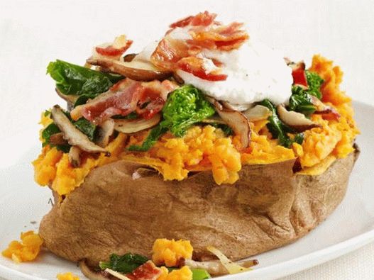 Patate douce aux champignons Pancetta, Shiitake et Rapini